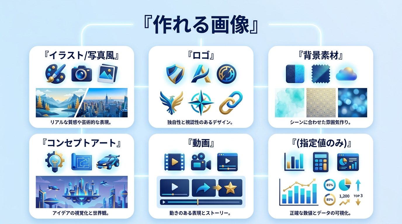 Midjourneyで作れる画像の種類一覧の図