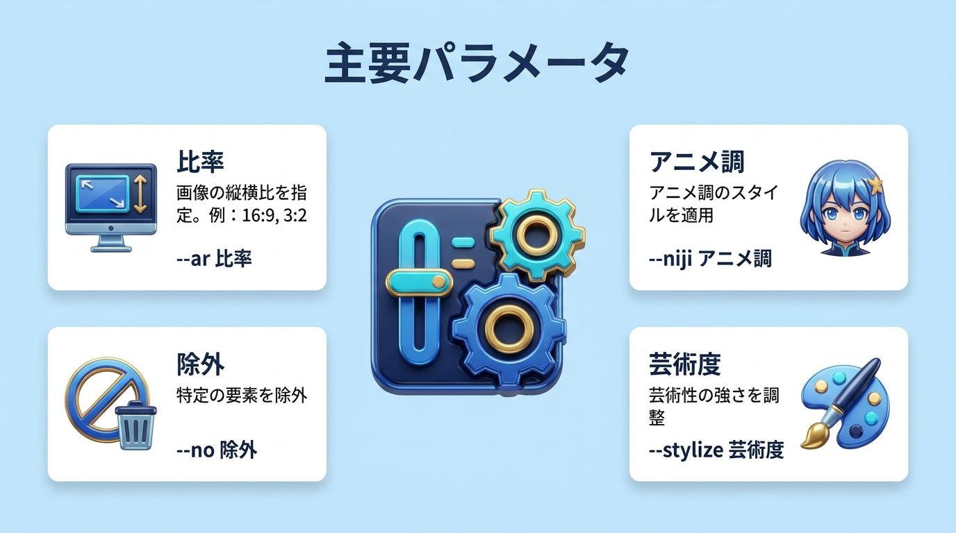 Midjourneyの便利機能・主要パラメータの図
