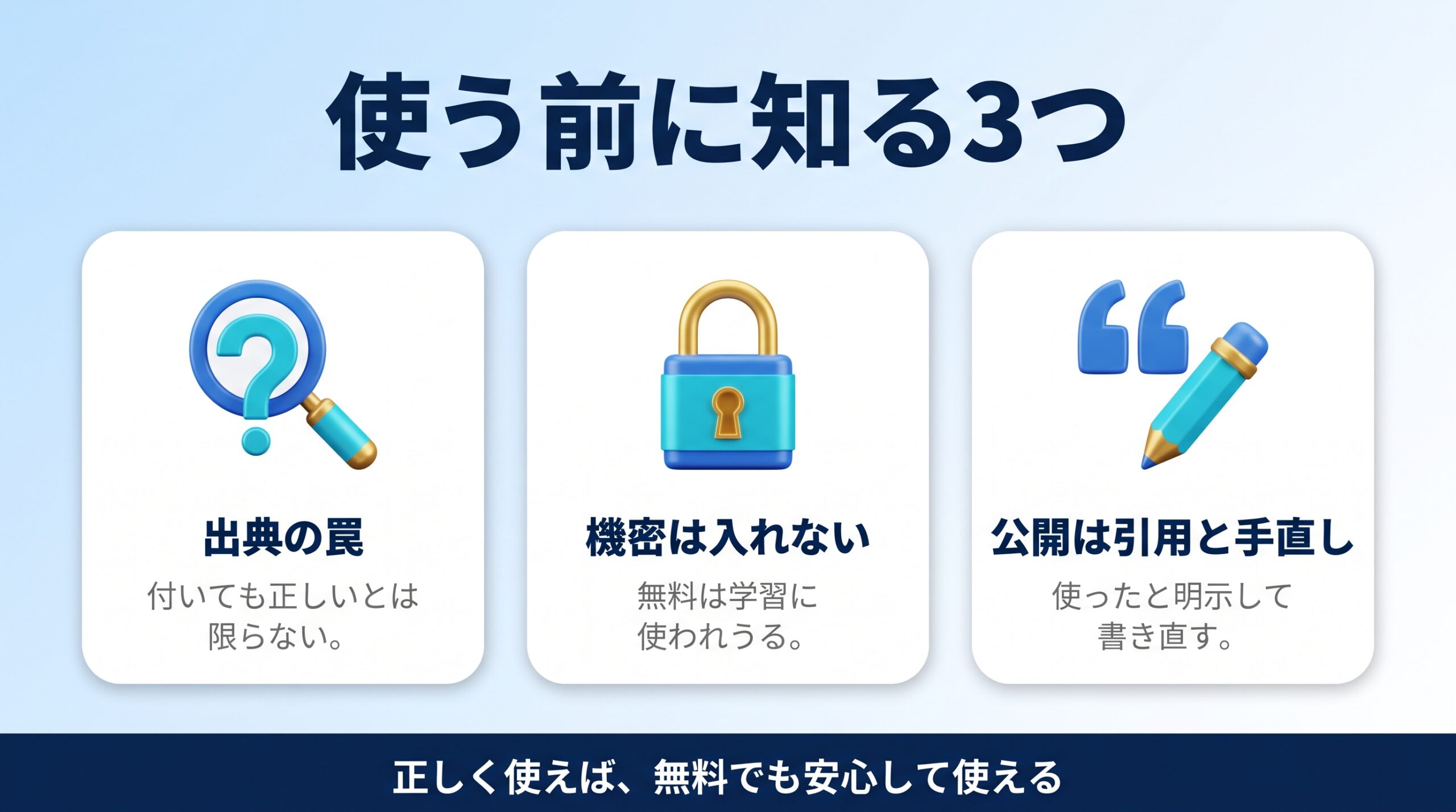 Perplexityの注意点として出典の罠と機密情報と学習の扱いを示す図
