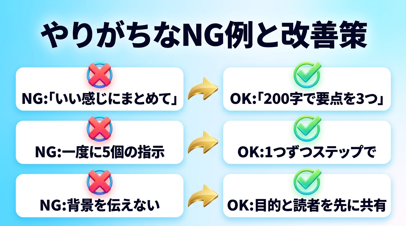 プロンプトのNG例と改善策を示す図