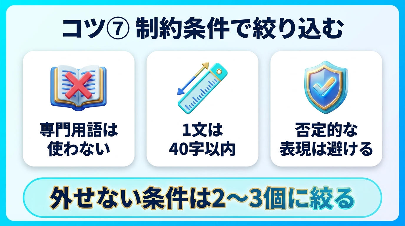 制約条件を加えるプロンプトのコツを示す図