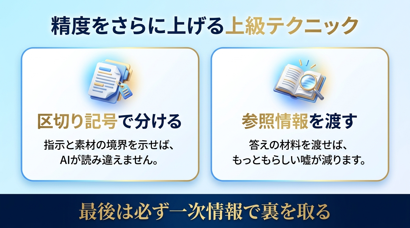 区切り記号と参照情報でプロンプトの精度を上げる上級テクニックの図