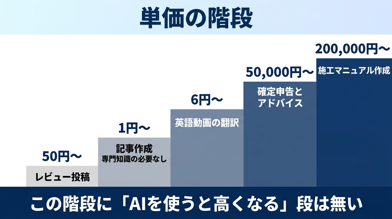 クラウドソーシングの単価が専門知識で決まる仕組みを示す図