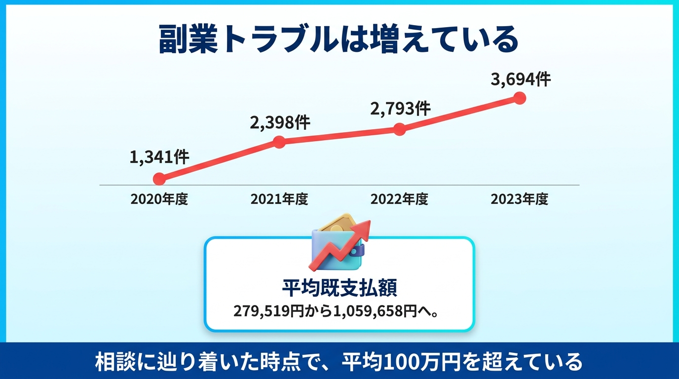 副業トラブルの相談件数と平均支払額の推移を示す図