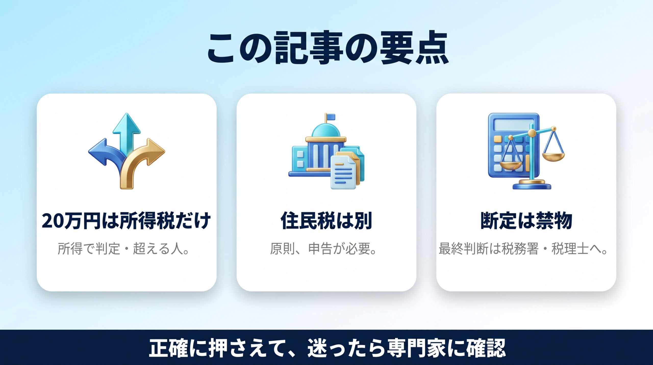 AI副業の確定申告は20万円ルールと住民税を正しく押さえるというまとめの図