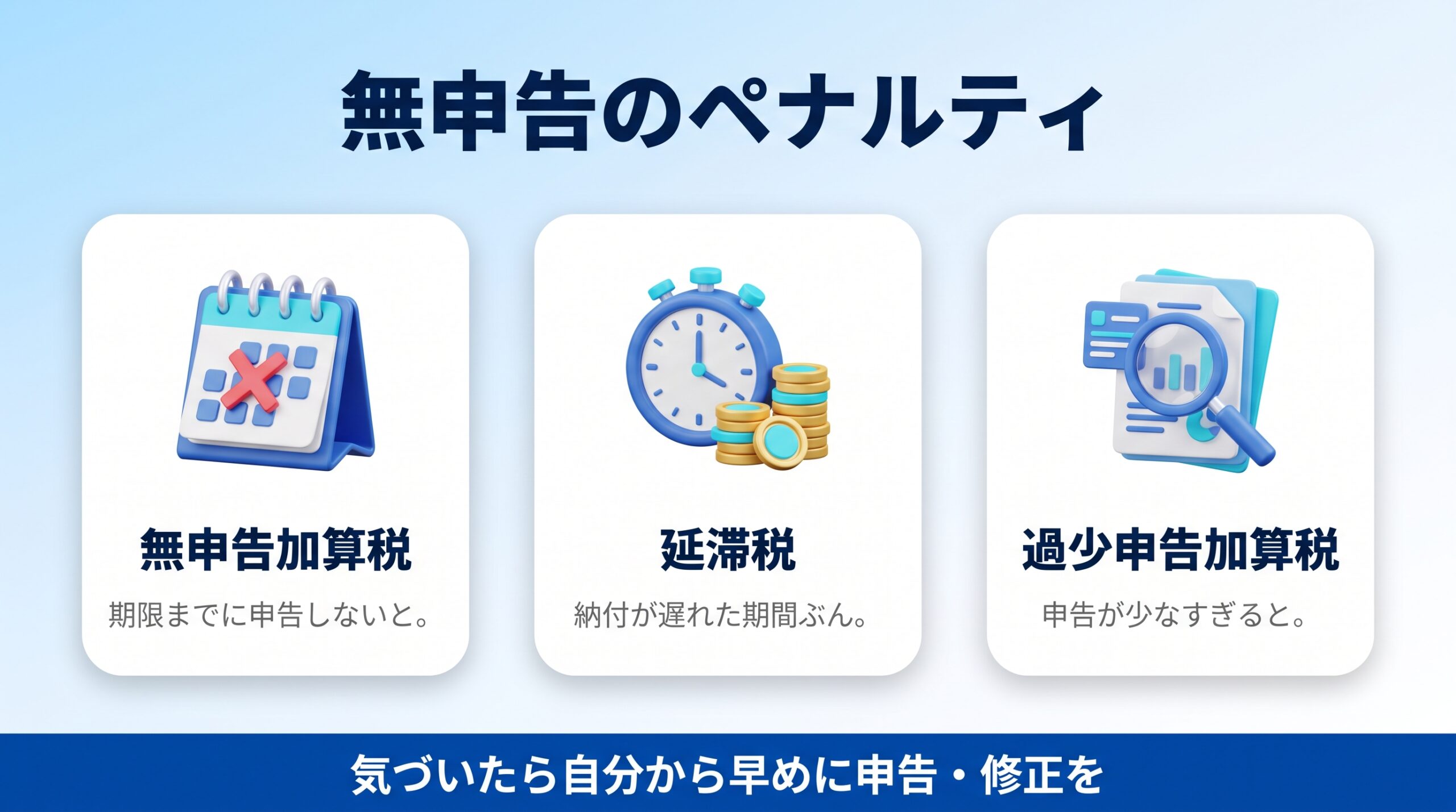 無申告や過少申告で延滞税や加算税がかかることを示す図