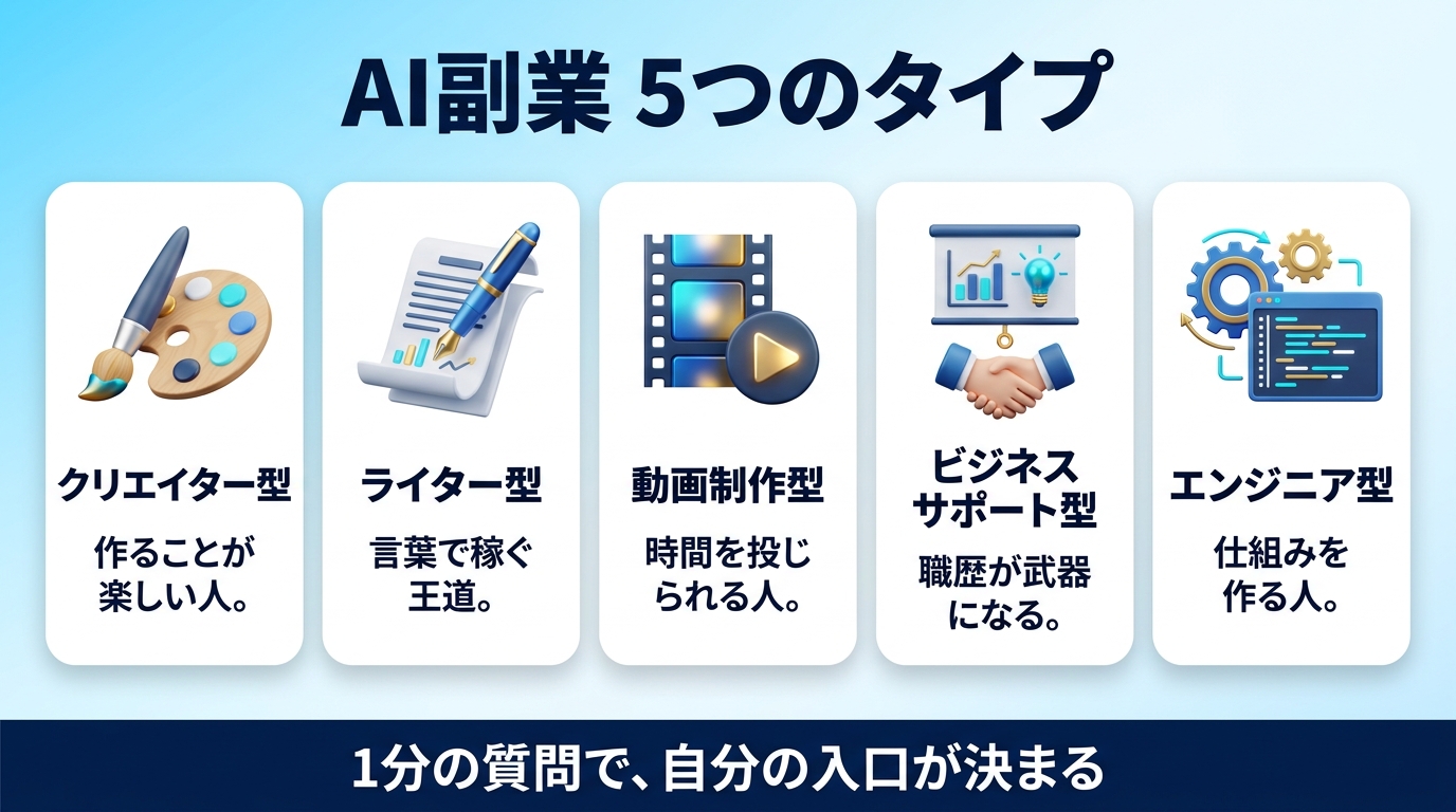 AI副業タイプ診断の5つのタイプを示す図