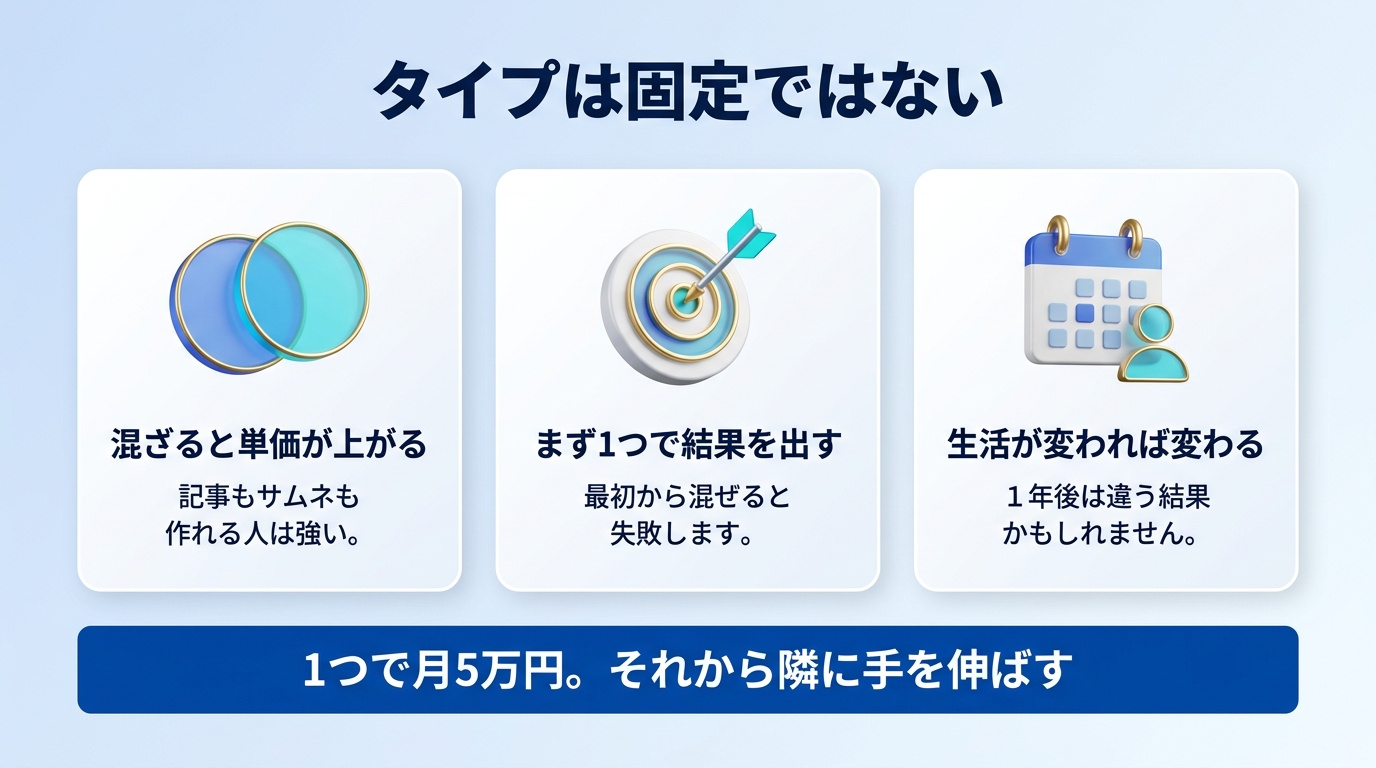 AI副業のタイプを組み合わせて伸ばす発想を示す図
