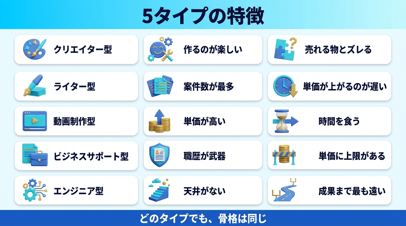 AI副業5タイプの特徴と向いている副業の一覧図