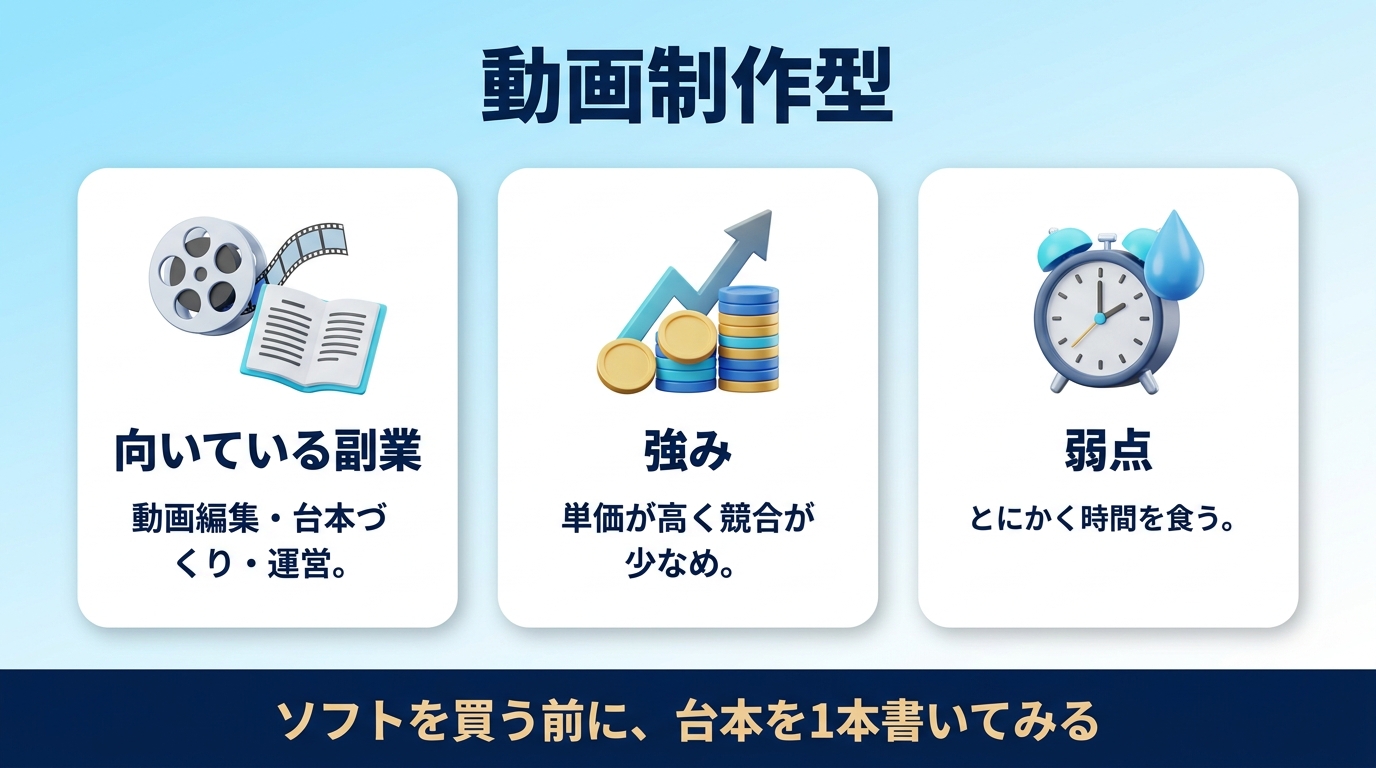 動画制作型に向いているAI副業と始め方の図