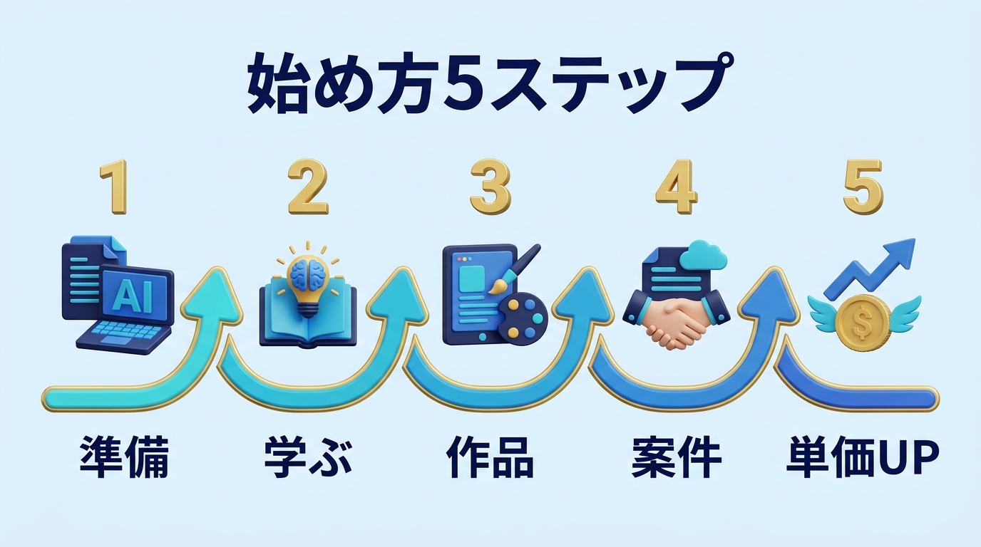 動画編集副業の始め方5ステップのフロー図